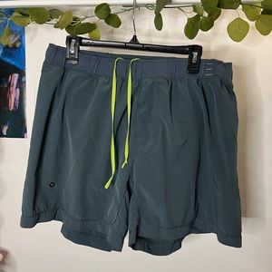 Lululemon mens blue running shorts with lime green detail